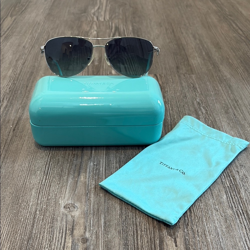 Tiffany & Co. Silver Sunglasses with Blue Case